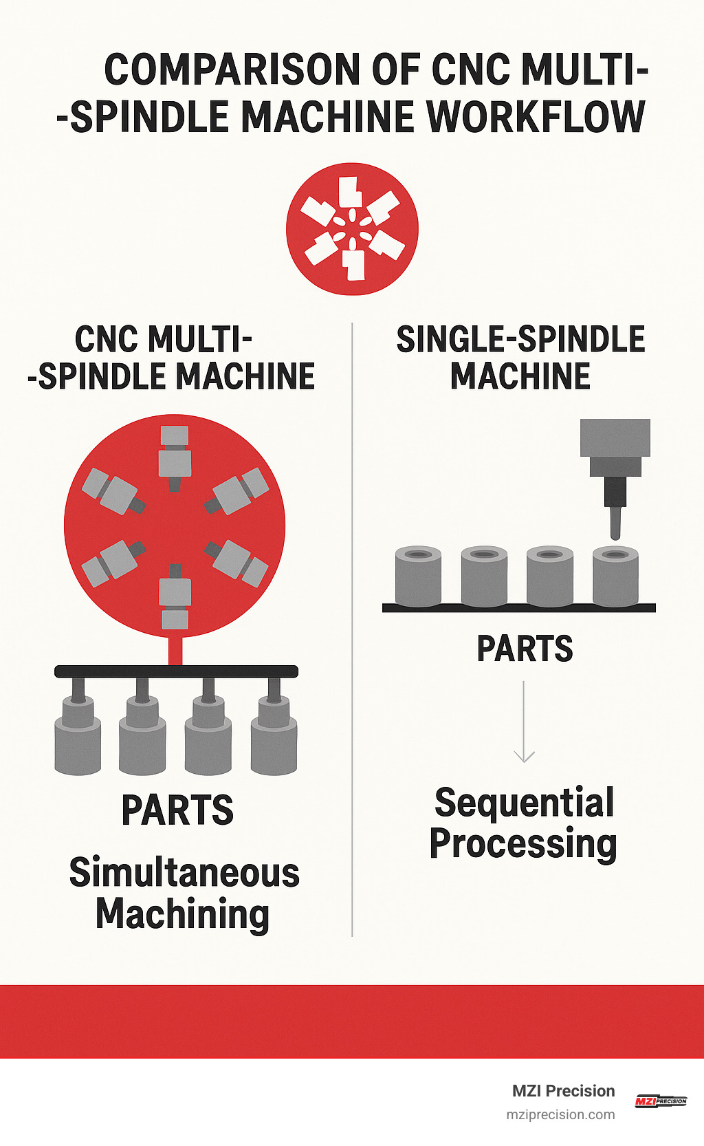 Comparison of CNC multi-spindle machine workflow showing simultaneous machining of multiple parts at different stations with spindles arranged in a revolving drum configuration, compared to sequential processing on a single-spindle machine - cnc multi spindle machine infographic