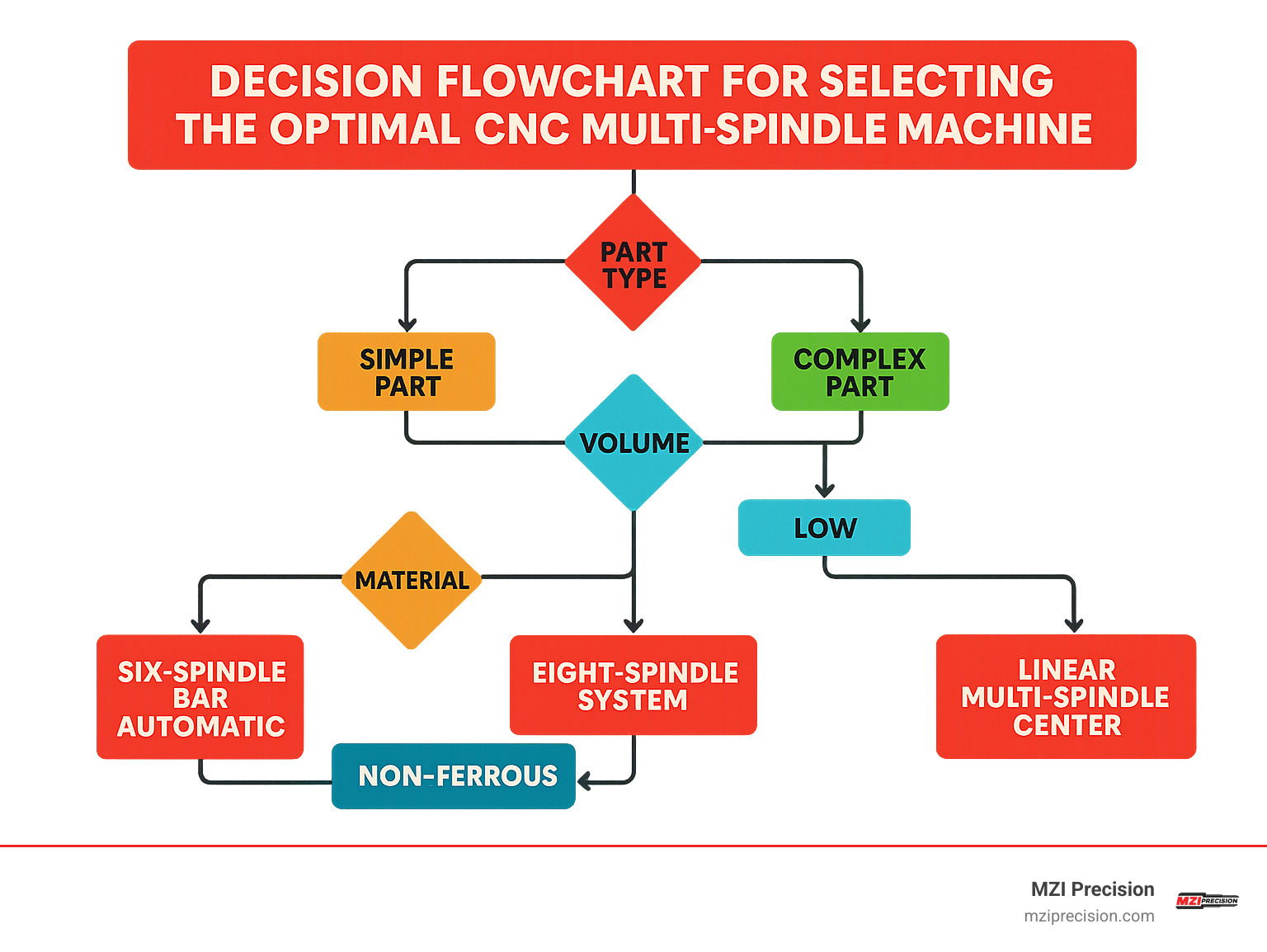 Decision flowchart for selecting the optimal CNC multi-spindle machine based on part type, volume, complexity, and material - cnc multi spindle machine infographic