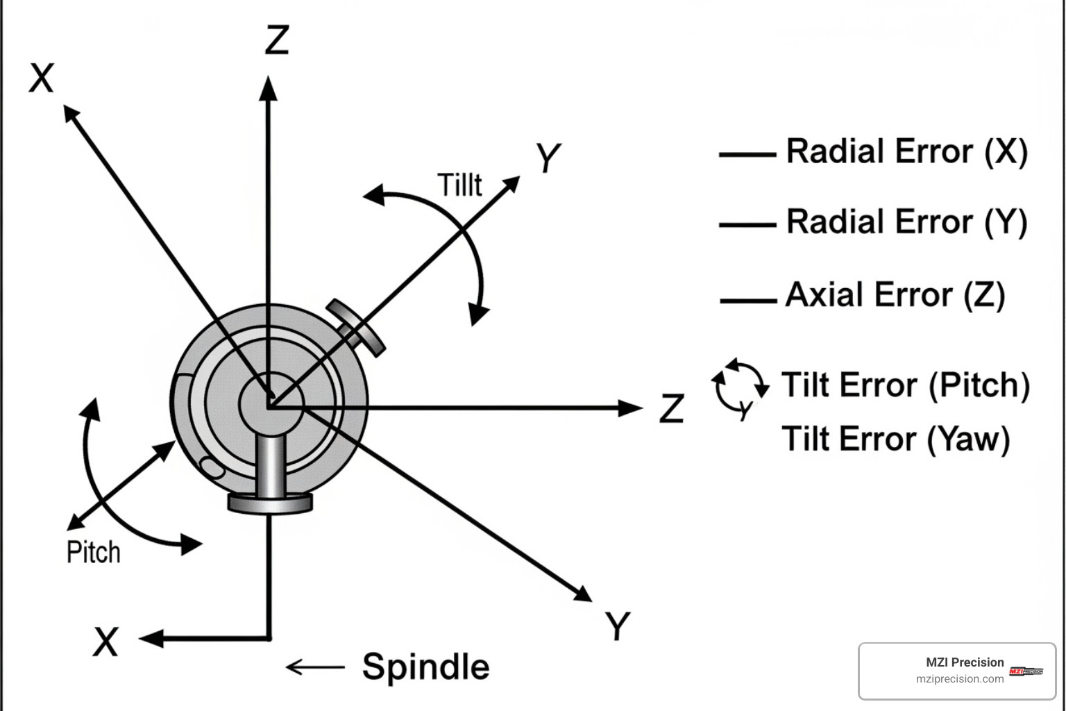 DIAGRAM ILLUSTRATING THE FIVE DEGREES OF FREEDOM FOR SPINDLE ERROR MOTION, INCLUDING RADIAL, AXIAL, AND TILT ERRORS - PRECISION SPINDLE METROLOGY PDF