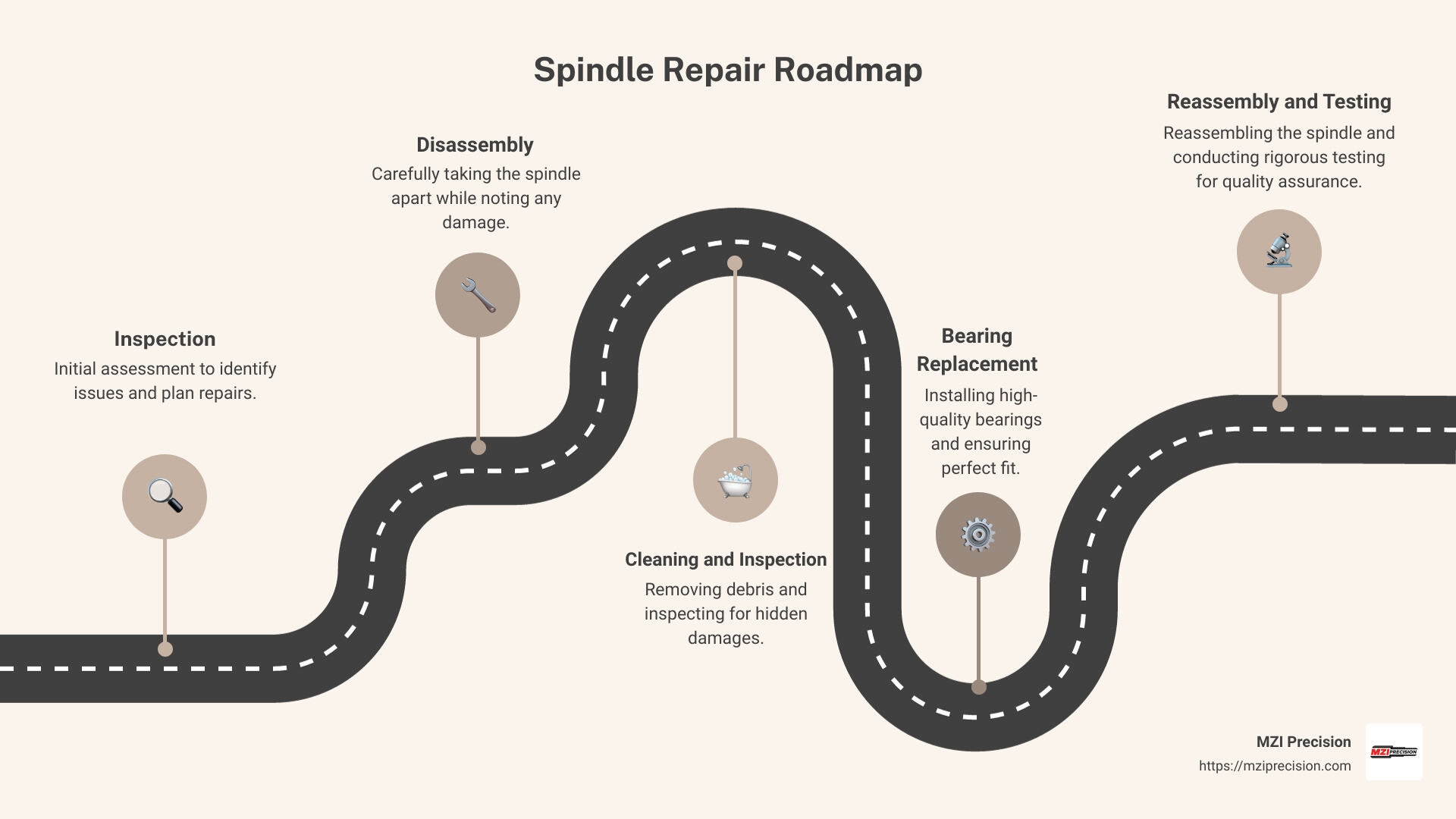 Detailed infographic showing the spindle repair process from diagnosis to testing including key steps such as inspection, disassembling, parts replacement, reassembly, and quality control - repair spindle infographic roadmap-5-steps