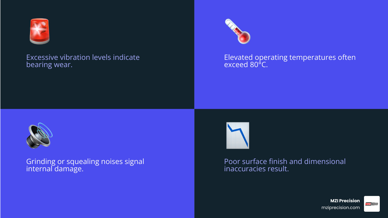 COMPREHENSIVE INFOGRAPHIC SHOWING THE 8 KEY WARNING SIGNS OF SPINDLE BEARING FAILURE INCLUDING EXCESSIVE VIBRATION LEVELS, LIFTD OPERATING TEMPERATURES ABOVE 80°C, GRINDING OR SQUEALING NOISES, VISIBLE CONTAMINATION OR RUST, POOR SURFACE FINISH QUALITY, DIMENSIONAL INACCURACIES, INCREASED POWER CONSUMPTION, AND SPINDLE RUNOUT EXCEEDING TOLERANCE SPECIFICATIONS - SPINDLE BEARING REPLACEMENT PROCEDURE INFOGRAPHIC 4_FACTS_EMOJI_BLUE