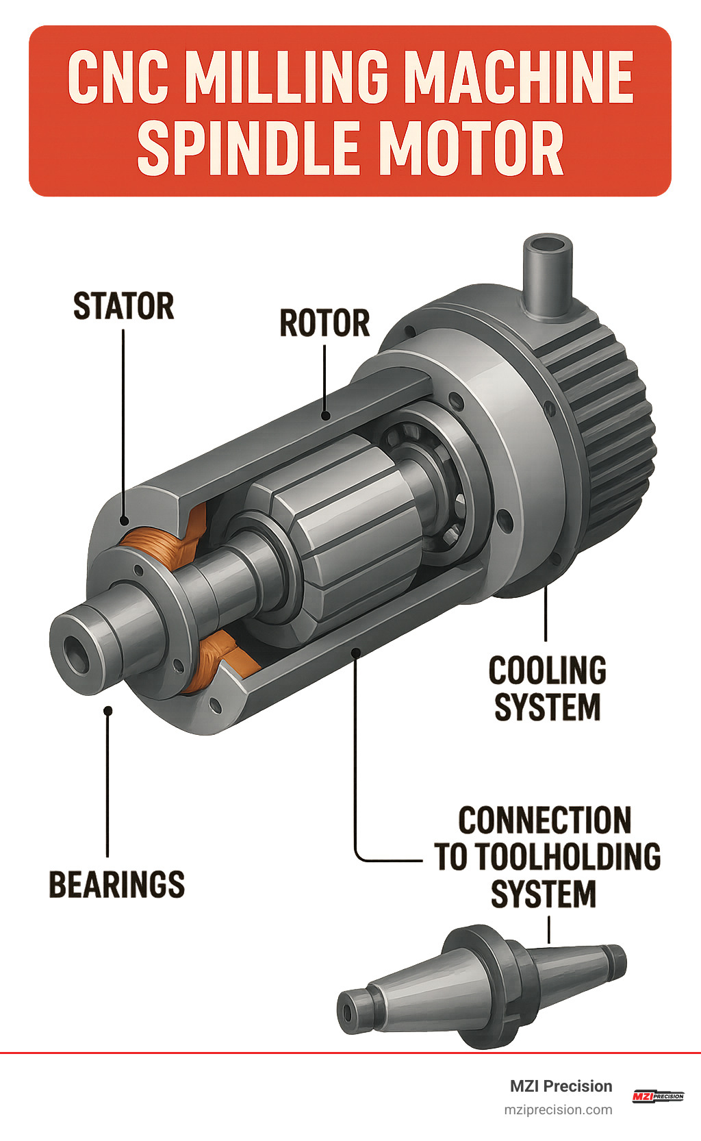Detailed breakdown of CNC spindle motor components showing stator, rotor, bearings, cooling system, and connection to toolholding system with labels for each part - cnc milling machine spindle motor infographic 