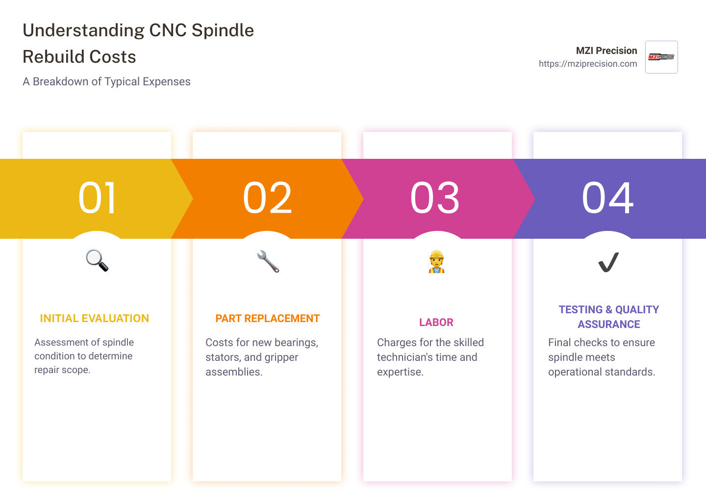 Infographic showing a breakdown of typical costs associated with CNC spindle rebuild, including labor, parts, and testing. - cnc spindle rebuild cost infographic pillar-4-steps