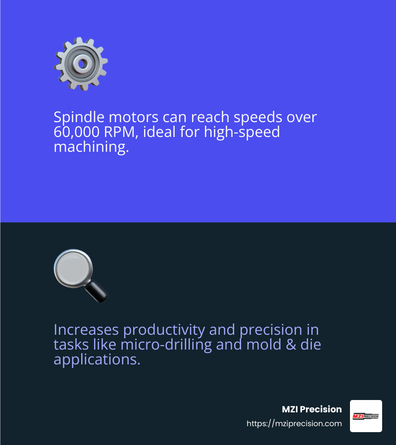 High-speed machining increases productivity and precision in industrial manufacturing. - Spindle motor applications infographic 2_facts_emoji_blue