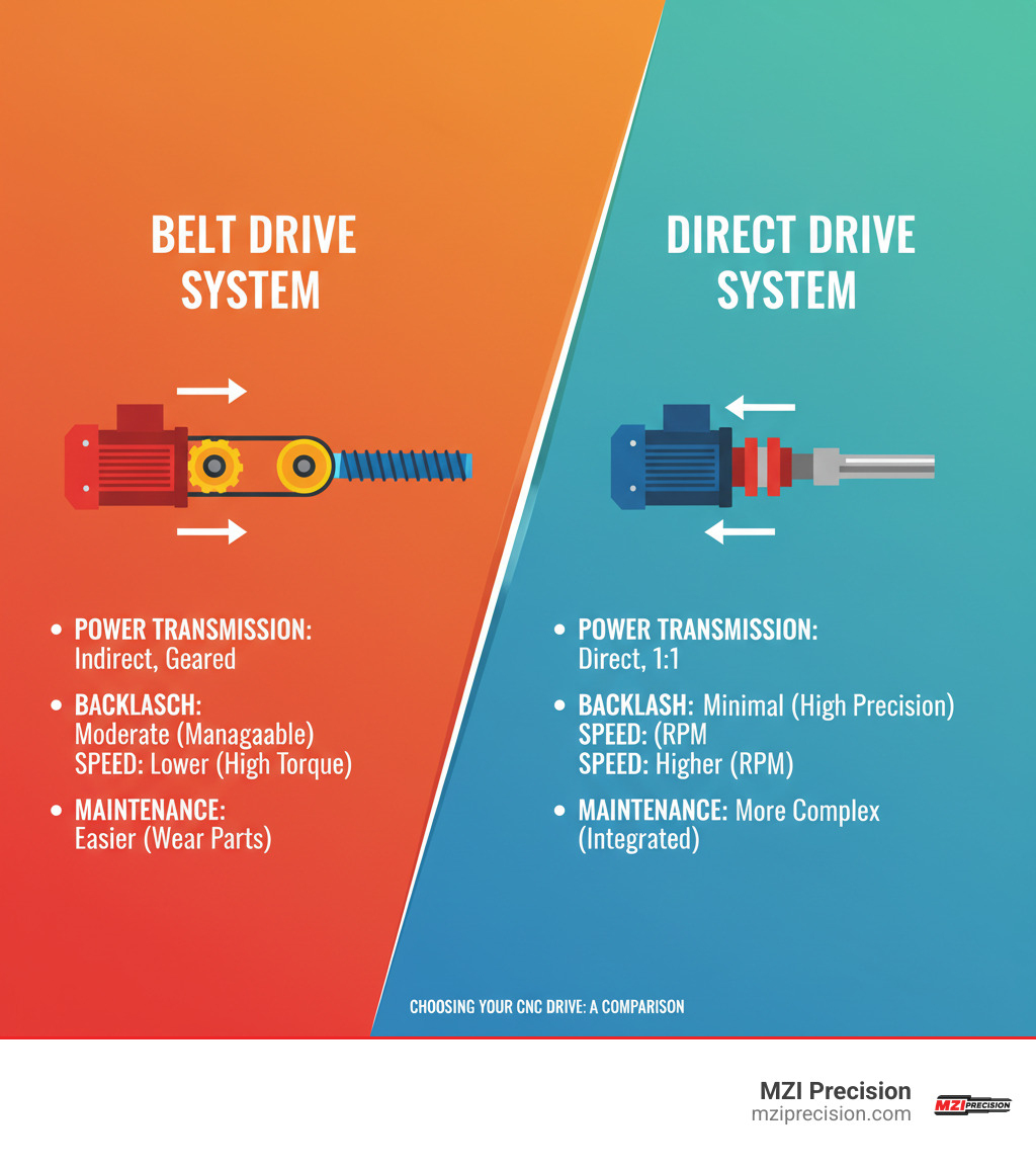 DETAILED COMPARISON INFOGRAPHIC SHOWING BELT DRIVE SYSTEM WITH MOTOR, TIMING BELT, PULLEYS CONNECTING TO BALL SCREW VERSUS DIRECT DRIVE SYSTEM WITH MOTOR DIRECTLY COUPLED TO SPINDLE SHAFT, HIGHLIGHTING KEY DIFFERENCES IN POWER TRANSMISSION, BACKLASH CHARACTERISTICS, SPEED CAPABILITIES, AND MAINTENANCE REQUIREMENTS - BELT VS DIRECT DRIVE CNC INFOGRAPHIC 
