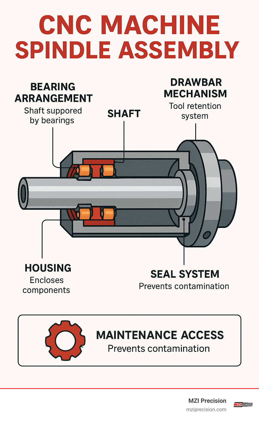 Detailed diagram showing CNC spindle assembly components including bearing arrangement, shaft design, housing construction, drawbar mechanism, and seal system with maintenance access points - cnc machine spindle assembly infographic