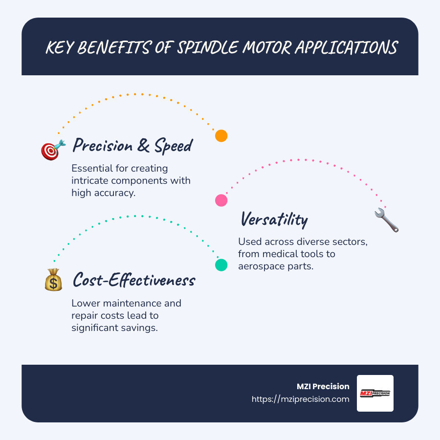 Infographic detailing various spindle motor applications in industry - Spindle motor applications infographic infographic-line-3-steps-blues-accent_colors
