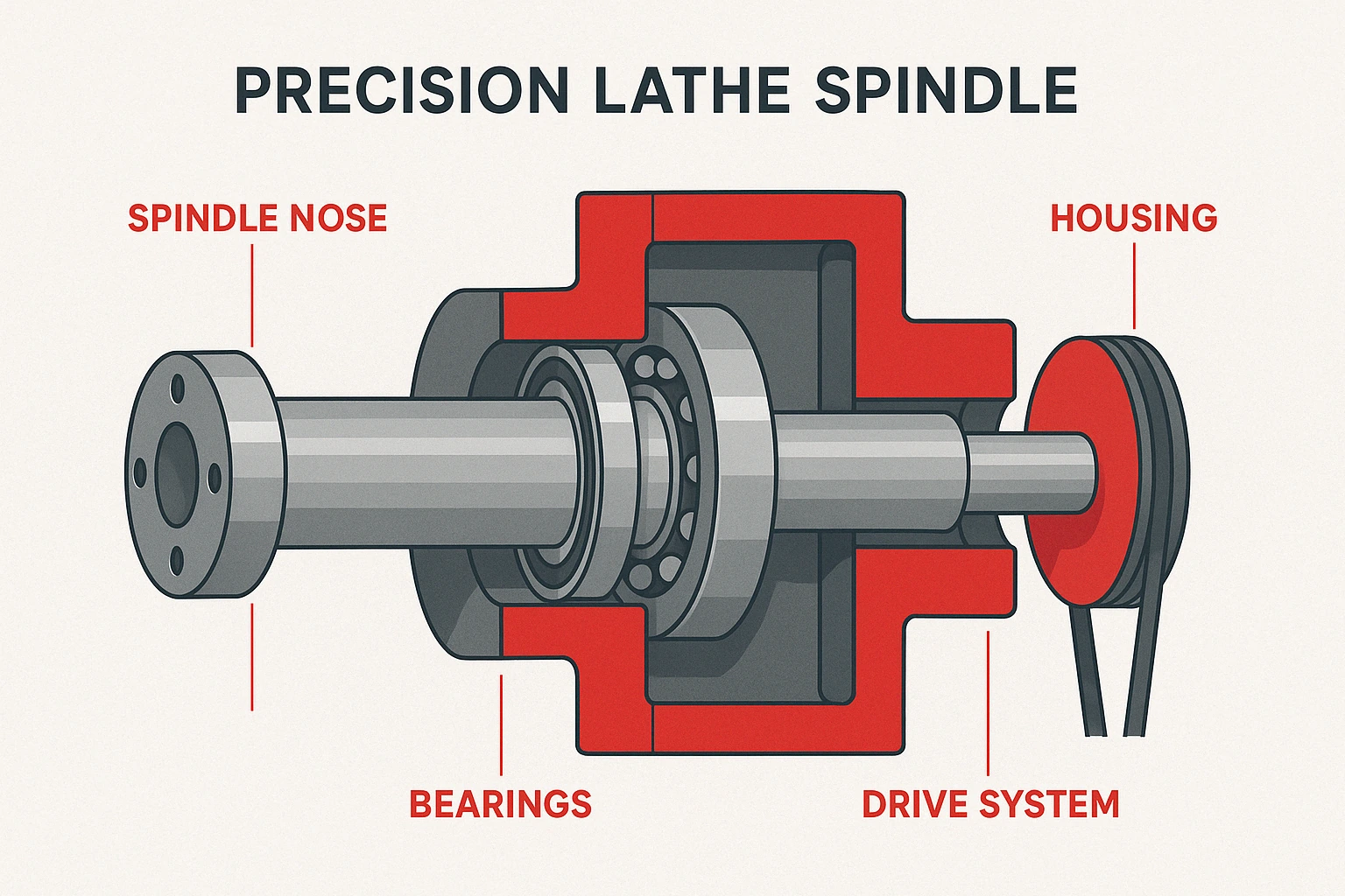Detailed diagram showing the key components of a precision lathe spindle including the spindle nose, bearings, housing, and drive system with labels indicating how each component contributes to overall precision - precision lathe spindle infographic 